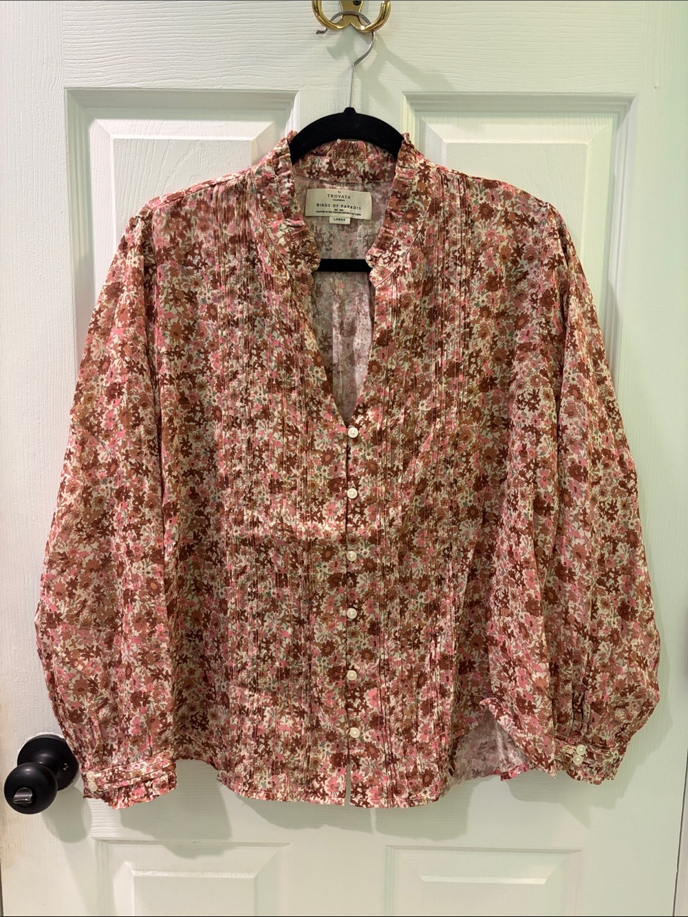 Quinn Pink and Brown Floral Pintuck Button Blouse